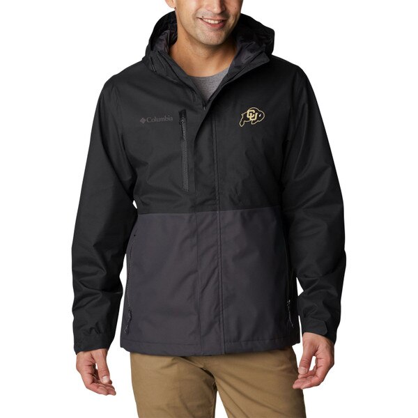 This is a hooded rain jacket with a CU Buffalo logo on the left chest. The sleeves and top half are black while the bottom half is gray.